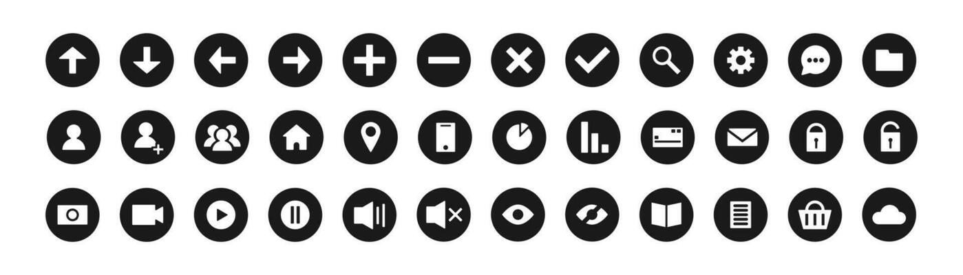 Set of different vector icons. Web, app, shopping, phone, photo, video, mail, options, people, home, friends, arrows, location icons. Vector graphic
