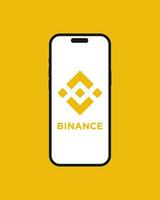 Binance cryptocurrency exchange app on the smartphone iPhone 14 screen with yellow background. Mobile app running at smartphone screen with logo Binance. Isolated vector