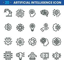 Simple set of artificial intelligence related line icons contains such icons as droid, eye, chip, brain. vector