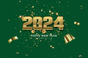 contento nuevo año 2024. dorado 3d números con oro papel picado y blanco estilo en elegante antecedentes vector