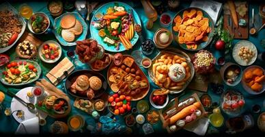 festivo mesa, muchos platos desde diferente países de el mundo - ai generado imagen foto