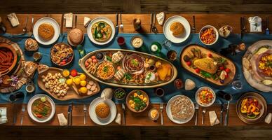 Festive table, many dishes from different countries of the world - AI generated image photo