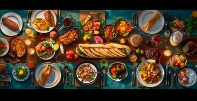 festivo mesa, muchos platos desde diferente países de el mundo - ai generado imagen foto