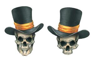 A human skulls in a black top hat with a orange ribbon. Hand drawn watercolor illustration for day of the dead, halloween, Dia de los muertos. Set of isolated objects on a white background vector