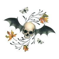 Human skull flying with bat wings, night moths and autumn maple leaves. Hand drawn watercolor illustration for Halloween. Isolated composition vector