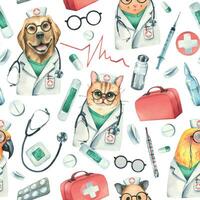 Dog, cat, hamster, parrot doctors in a dressing gown, glasses, with a stethoscope, a suitcase and medical instruments. Watercolor illustration hand drawn. Seamless pattern on white background vector