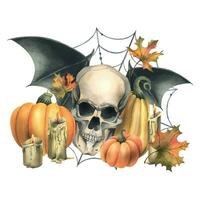 Human skull with bat wings, orange pumpkins, cobwebs, candles and autumn maple leaves. Hand drawn watercolor illustration for Halloween. Isolated composition on a white background. vector