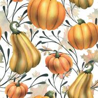 Orange autumn pumpkins with maple leaves and branches. Watercolor illustration, hand drawn. Seamless pattern on a white background. vector