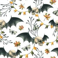 Human skulls with bat wings, branches, moths, garlands of flags and autumn leaves. Hand drawn watercolor illustration for Halloween and Day of the Dead. Seamless pattern on a white background. vector