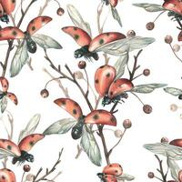 Ladybugs in flight from different angles against the background of autumn apple branches. Watercolor illustration hand drawn. Seamless pattern on white background vector