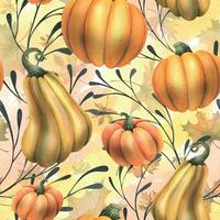 Orange autumn pumpkins with maple leaves and branches. Watercolor illustration, hand drawn. Seamless pattern on a yellow background vector