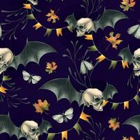 Human skulls with bat wings, branches, moths, garlands of flags and autumn leaves. Hand drawn watercolor illustration for Halloween and Day of the Dead. Seamless pattern on a dark background vector