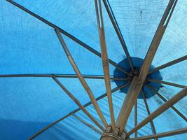 old blue umbrella in the park in summer photo