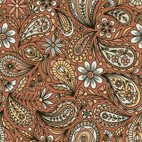 BEIGE AND PINK VECTOR SEAMLESS BACKGROUND WITH MULTICOLORED FLORAL PAISLEY ORNAMENT