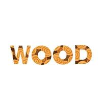 Wood word letters with circular wooden tree stack texture vector typography illustrative text isolated on square white background. Simple flat art styled vector drawing.