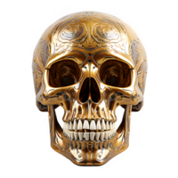 gold skull isolated on transparent background ,golden skull carving front view png ,generative ai