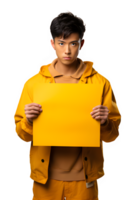 asian man in yellow clothes holding yellow paper with angry expression isolated on transparent background ,generative ai png