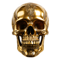 gold skull isolated on transparent background ,golden skull carving front view png ,generative ai