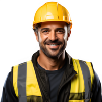 half body portrait of a construction worker in safety clothing isolated on transparent background ,generative ai png