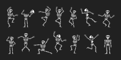 Skeletons dancing with different positions flat style design vector illustration set.