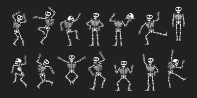 Skeletons dancing with different positions flat style design vector illustration set.