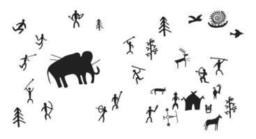 Cave painting prehistoric rock art hand drawn sketch style vector illustration set.