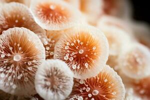 Extreme close up of fungal spores under microscope isolated on a white background photo