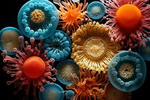 Highly magnified richly detailed macro images of yeast cells interplay photo