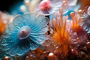 Exquisito macro fotografía de microscópico algas y diatomeas debajo el microscopio foto