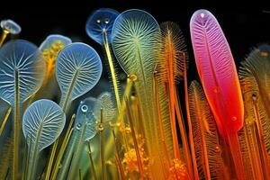 Exquisito macro fotografía de microscópico algas y diatomeas debajo el microscopio foto