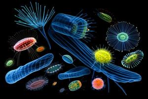 intrincado ultra magnificado visualización de marina plancton especies debajo microscopio foto