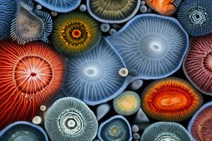 ultra magnificado microscópico marina organismos mostrando vibrante diverso natural patrones foto