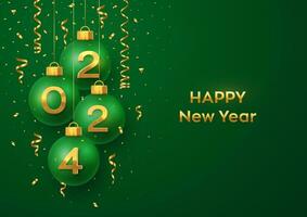 Happy New Year 2024. Hanging red Christmas bauble balls with realistic golden 3d numbers 2024. Golden snowflakes and 3D metallic stars on red background. Holiday banner, header. Vector Illustration