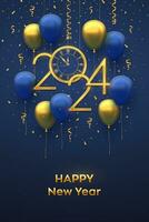 Happy New 2024 Year. Hanging Golden metallic numbers 2024, watch with Roman numeral and countdown midnight with 3D festive helium balloons and falling confetti on blue background. Vector illustration.