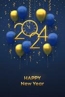 Happy New 2024 Year. Hanging Golden metallic numbers 2024, watch with Roman numeral and countdown midnight with 3D festive helium balloons and falling confetti on blue background. Vector illustration.