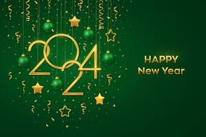 Happy New 2024 Year. Hanging Golden metallic numbers 2024 with shining 3D metallic stars, balls, confetti on green background. New Year greeting card, banner template. Realistic Vector illustration.