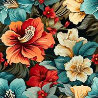 Vibrant Hawaiian floral fabric pattern background displaying authentic island aesthetics photo