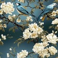 Elegant Chinoiserie fabric background displaying timeless floral and bird motifs photo