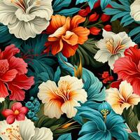 Tropical Hawaiian floral fabric background illustrating diverse authentic island blossoms photo