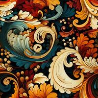 Rustic vintage paisley printed fabric background in warm autumnal colors photo