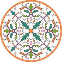 Vector color template of round stained glass window. Floral ornament for a ceiling or a multi-colored glass window.