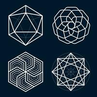 A set of four complex geometric shapes on a dark background vector