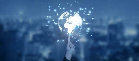 Hand touching abstract network circle technology structure. Innovation networking future worldwide global concept photo