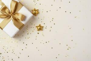 Womens curated minimalist Christmas gifts background with empty space for text photo