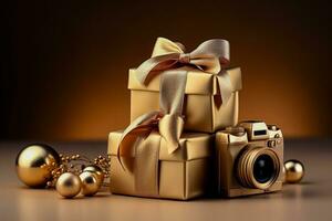 Photography lovers minimalist style Christmas gifts isolated on a gradient background photo