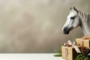 Minimalist Christmas gifts for horse owners background with empty space for text photo