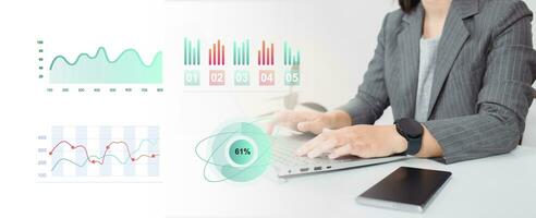 empresariahombre trabajos en ordenador portátil demostración negocio analítica tablero con gráficos, métrica, y kpi a analizar actuación y crear visión informes para operaciones gestión. foto