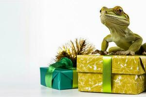 Exotic reptile and amphibian minimalist style Christmas gifts isolated on a white background photo