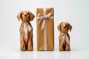 minimalista Navidad perro regalos envuelto en eco simpático papel aislado en un blanco antecedentes foto