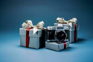 Photography lovers minimalist style Christmas gifts isolated on a gradient background photo